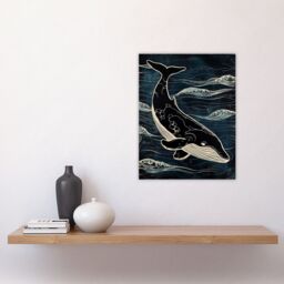 "Artery8 Wall Art Print Whale & Ocean Waves Pattern Woodcut Painting Poster in Black - Size: W12"" x H16""" - thumbnail 4