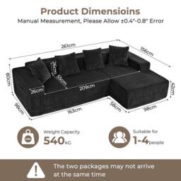 Dprodo 261CM Modular Right L-Shaped Sectional Sofa, 4 Seater Corner Sofa in Black - thumbnail 2