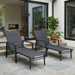 OUTSUNNY Sun Loungers Set of 2 w/ Retractable Footrest 5-Position Adjustable in Black
