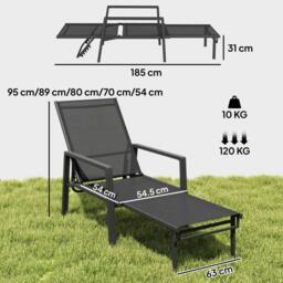 OUTSUNNY Sun Loungers Set of 2 w/ Retractable Footrest 5-Position Adjustable in Black - thumbnail 3