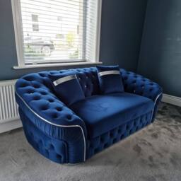 Stratus Interiors Ambassador Sofa Chesterfield Toronto Silver Trim Plush Velvet in Blue - Size: 2 Seater - thumbnail 1
