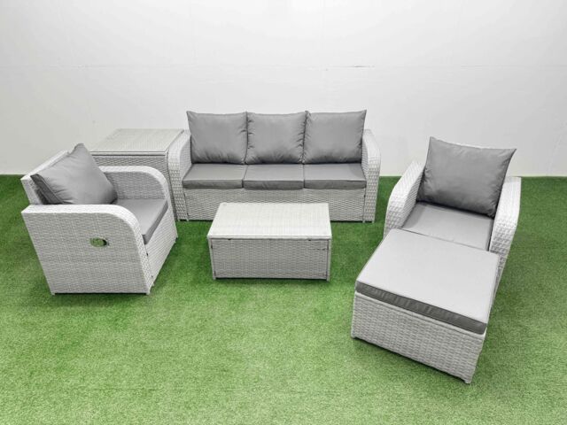 Fimous PE Rattan Garden Furniture Set Reclining Chair Sofa Lounge Sofa Set Oblong Coffee Table Side Table Big Footstool Light Grey - image 1