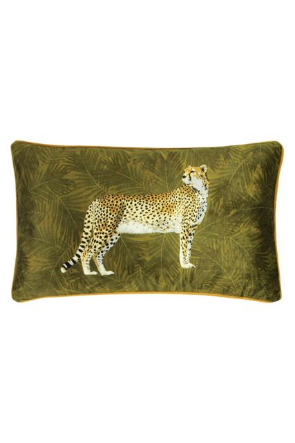 Paoletti Cheetah Forest Printed Velvet Piped Cushion in Green - Size: 30 cm x 50 cm