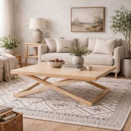 Wyld Haus Enniscorthy Large Blonde Oak Veneer Coffee Table X Frame in Beige