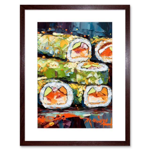 "Artery8 Wall Art Print Vibrant Japan Cuisine Sushi Roll Oil Painting Artwork Framed 9X7 Inch in Brown - Size: W7"" x H9""" - image 1