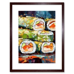 "Artery8 Wall Art Print Vibrant Japan Cuisine Sushi Roll Oil Painting Artwork Framed 9X7 Inch in Brown - Size: W7"" x H9""" - thumbnail 1