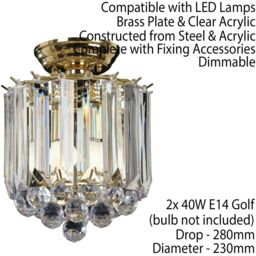 Loops Flush Ceiling Mount Light Brass & Acrylic 2x Lamp Bulb Classic Hanging Fitting in Metallics - thumbnail 2