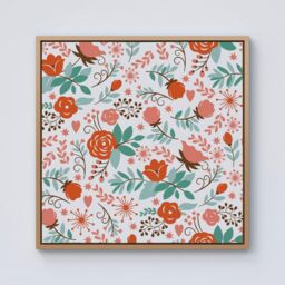Warren Reed - Designer Orange Floral Pattern Framed Canvas in Light Brown - Size: w10 inch x h10 inch - thumbnail 1