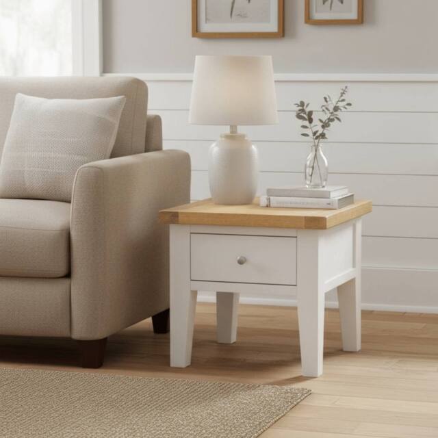 Home Source Bedroom Solid Wooden 1 Drawer Side Lamp Table Bedside Cabinet Oak Top in White - image 1
