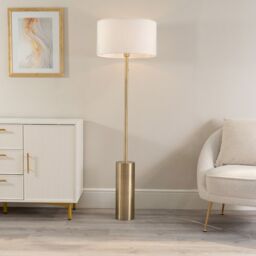 ValueLights Lexy Fabric Drum Shade with Antique Brass Dimmable Floor Lamp with LED Bulb in White