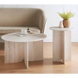 HOME LUXE INTERIOR Travertine Effect Round Coffee Table - Modern Stone Style 70cm in Cream - Size: 70 cm - thumbnail 2