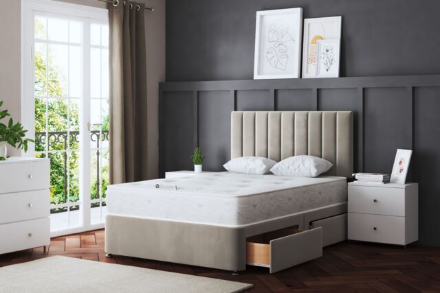 DS Living Amelia Upholstered Beige Panel 2 Draw Divan Bed with Headboard - Size: Single - image 1