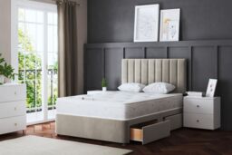 DS Living Amelia Upholstered Beige Panel 2 Draw Divan Bed with Headboard - Size: Single