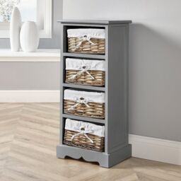 Home Source Lichfield 4 Wicker Basket Drawer Chest Storage Unit Fully Assembled in Grey - thumbnail 1