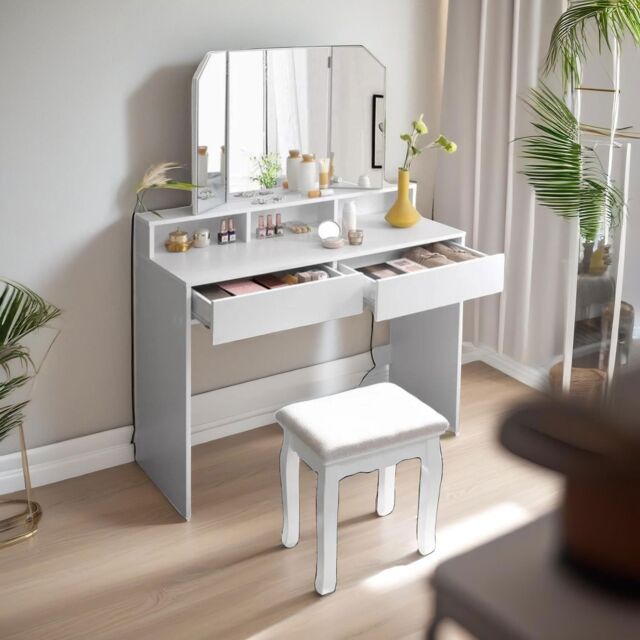 FURNOS 2 Drawer Dressing Table With Tri-Fold Mirror White - image 1