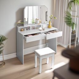 FURNOS 2 Drawer Dressing Table With Tri-Fold Mirror White - thumbnail 1