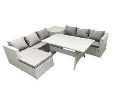 Fimous Rattan Garden Furniture Set 7 Seater Outdoor Sofa Set with Dining Table Side Table Big Footstool Light Grey Mixed - thumbnail 2