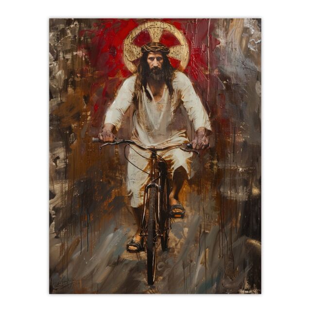 "Artery8 Christ on a Bike Funny Oil Painting Wall Art Print in Brown - Size: W24"" x H32""" - image 1