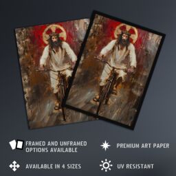 "Artery8 Christ on a Bike Funny Oil Painting Wall Art Print in Brown - Size: W24"" x H32""" - thumbnail 2