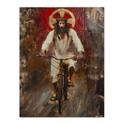 "Artery8 Christ on a Bike Funny Oil Painting Wall Art Print in Brown - Size: W24"" x H32""" - thumbnail 1