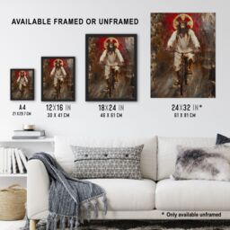 "Artery8 Christ on a Bike Funny Oil Painting Wall Art Print in Brown - Size: W24"" x H32""" - thumbnail 3