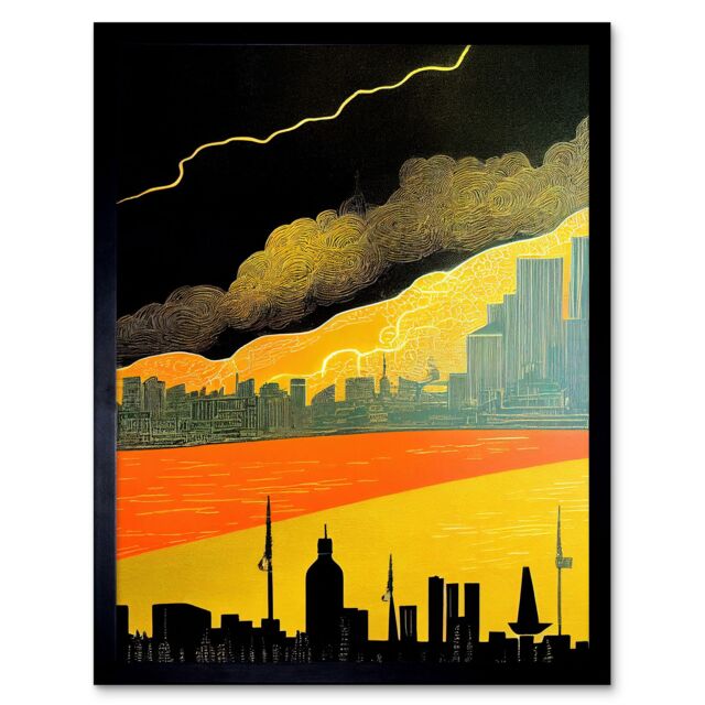 "Artery8 Wall Art Print Modern Black Yellow Orange Linocut London Skyline Cityscape Storm Lightning Art Framed - Size: W12"" x H16""" - image 1