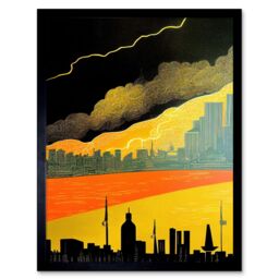 "Artery8 Wall Art Print Modern Black Yellow Orange Linocut London Skyline Cityscape Storm Lightning Art Framed - Size: W12"" x H16""" - thumbnail 1
