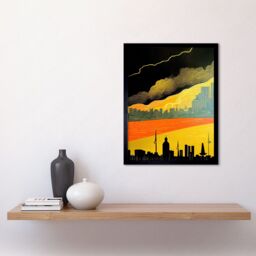 "Artery8 Wall Art Print Modern Black Yellow Orange Linocut London Skyline Cityscape Storm Lightning Art Framed - Size: W12"" x H16""" - thumbnail 2