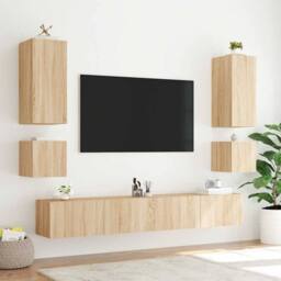 Berkfield Home TV Wall Cabinets with LED Lights 2 pcs Sonoma Oak 40.5x35x40 cm in Tan - thumbnail 4