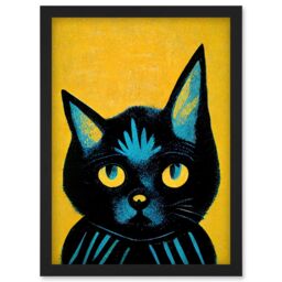 Artery8 Quirky Bold Black Cat Yellow Blue Artwork Framed Wall Art Print A4 - thumbnail 1