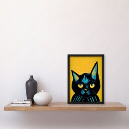 Artery8 Quirky Bold Black Cat Yellow Blue Artwork Framed Wall Art Print A4 - thumbnail 2