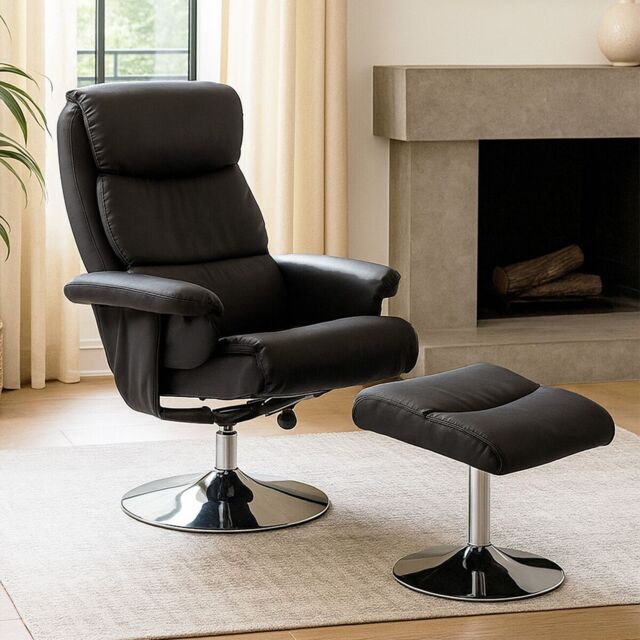 Orsina Luxurious Black Leather Effect Reclining Chair & footstool, Easy to Clean Leather Chair, Comfy Footstool - image 1