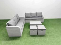 Fimous Outdoor Garden Furniture Sets 8 Seater Wicker Rattan Furniture Sofa Sets with Rectangular Coffee Table high Back Lounge Sofa Stools Light Grey - thumbnail 2