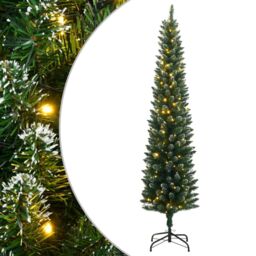Berkfield Home Artificial Slim Christmas Tree 150 LEDs 120 cm in Green - thumbnail 1