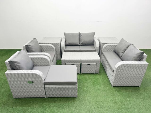 Fimous 9 Seater Outdoor Reclining Chair Love Sofa Set Rattan Garden Furniture Set with Oblong Coffee Table 3 Stools 2 Side Table Light Grey - image 1