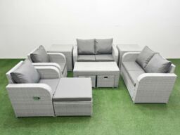 Fimous 9 Seater Outdoor Reclining Chair Love Sofa Set Rattan Garden Furniture Set with Oblong Coffee Table 3 Stools 2 Side Table Light Grey - thumbnail 1