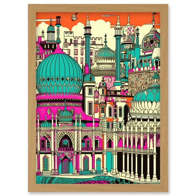 Artery8 Brighton Royal Pavilion Palace Vibrant Detailed Artwork Framed Wall Art Print A4 in Light Oak - image 1