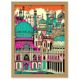 Artery8 Brighton Royal Pavilion Palace Vibrant Detailed Artwork Framed Wall Art Print A4 in Light Oak - thumbnail 1