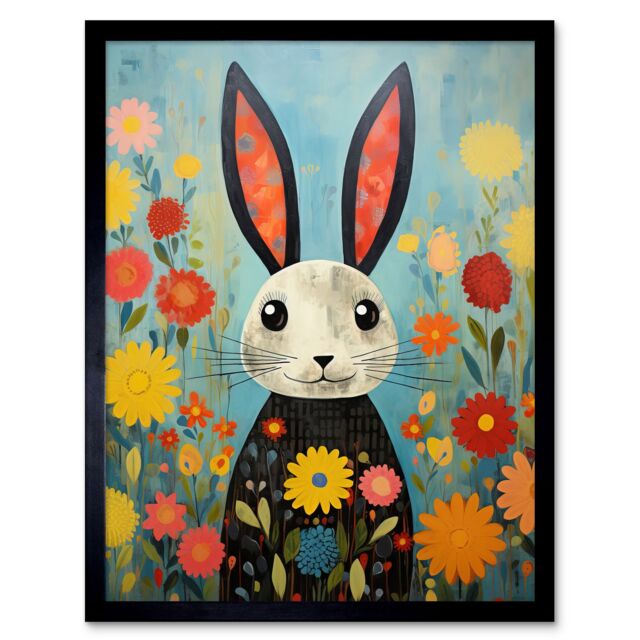 "Artery8 Wall Art Print Funny Bunny Modern Floral Rabbit Animal Artwork for Kids Bedroom or Baby Nursery Art Framed in Black - Size: W12"" x H16""" - image 1