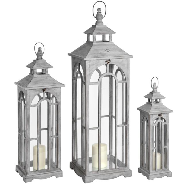 Love Lace Set Of Three Wooden Lanterns With Archway Design in Grey - image 1