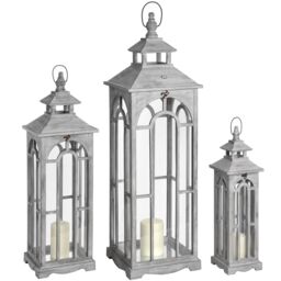 Love Lace Set Of Three Wooden Lanterns With Archway Design in Grey - thumbnail 1