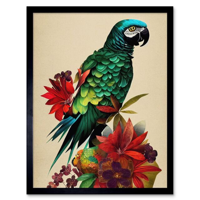 "Artery8 Wall Art Print Exotic Flowers & Feathers Macaw Parrot & Jungle Blooms Art Framed in Black - Size: W12"" x H16""" - image 1