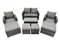 Fimous 8 Seater Wicker PE Rattan Furniture Outdoor 4 Stools Set in Dark Grey - thumbnail 1