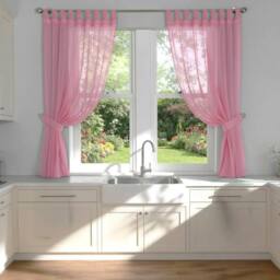 Luxury Living Voile Tab Top Curtain Pair with Crystal Tie Backs Sheer Window Panels in Pink - Size: 145 cm width x 137 cm drop