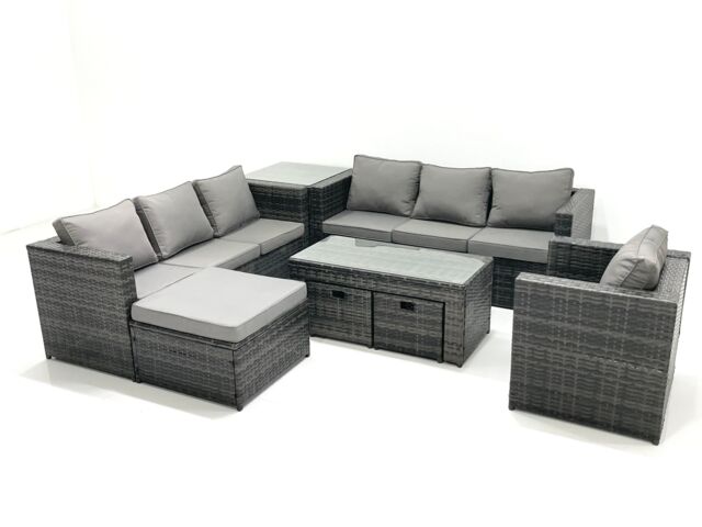 Fimous Outdoor Garden Furniture Set 10 Seater Rattan Sofa Set with Coffee Table 3 Big Footstools Armchair Side Table Dark Grey Mixed - image 1