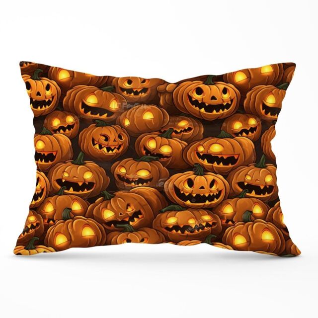 Warren Reed - Designer Grinning Lanterns Pumpkins With Glowing Eyes Cushions in Orange - Size: 45 cm x 45 cm - image 1