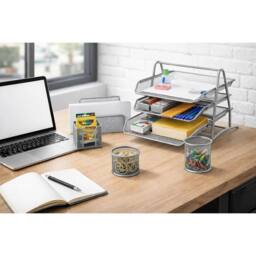 FLAVORA Silver Mesh Office 5 Set- Office Desk Organiser 3 Tier Paper Tray - Size: 100 cm x 15 cm - thumbnail 4