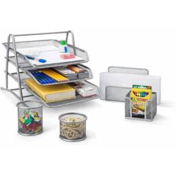 FLAVORA Silver Mesh Office 5 Set- Office Desk Organiser 3 Tier Paper Tray - Size: 100 cm x 15 cm - thumbnail 6