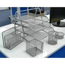 FLAVORA Silver Mesh Office 5 Set- Office Desk Organiser 3 Tier Paper Tray - Size: 100 cm x 15 cm - thumbnail 3