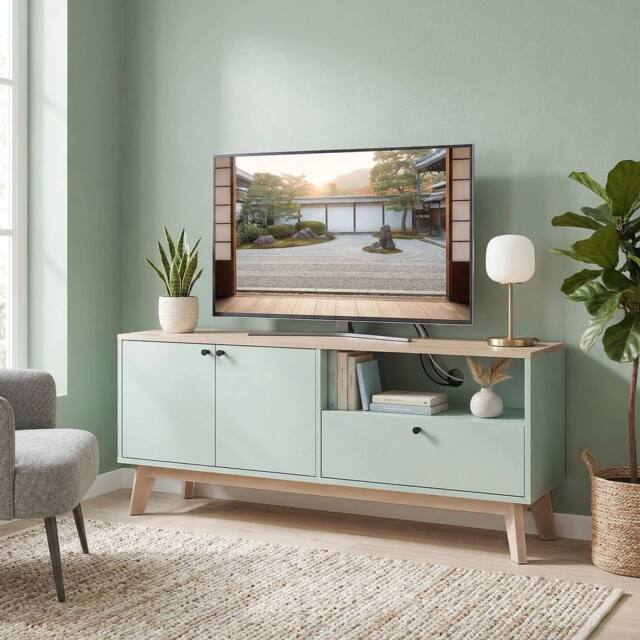 HOMCOM Entertainment Center with Adjustable Shelf for TVs up to 36 Inch in Light Green - Size: 120 cm - image 1